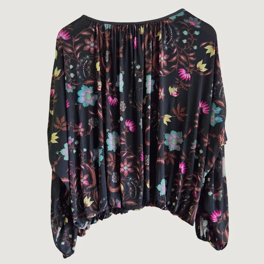 Free People Womens Black Floral Mesh Blouse Ruched Sleeve Blouson Top‎ Size M